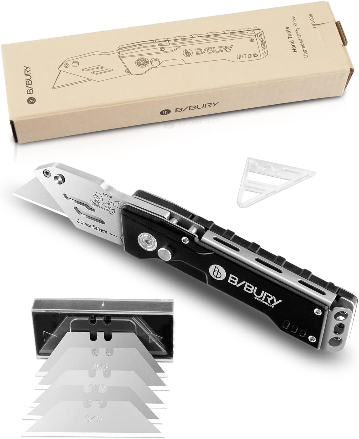 BIBURY Foldable Utility Knife with 15 Extra SK5 Stainless Steel Blades