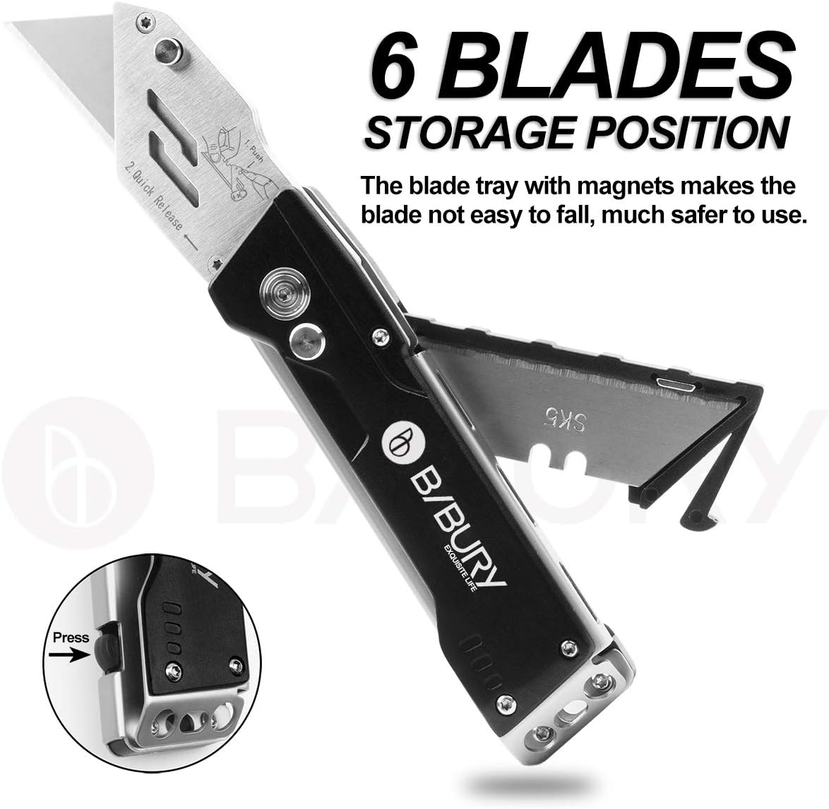 BIBURY Foldable Utility Knife with 15 Extra SK5 Stainless Steel Blades