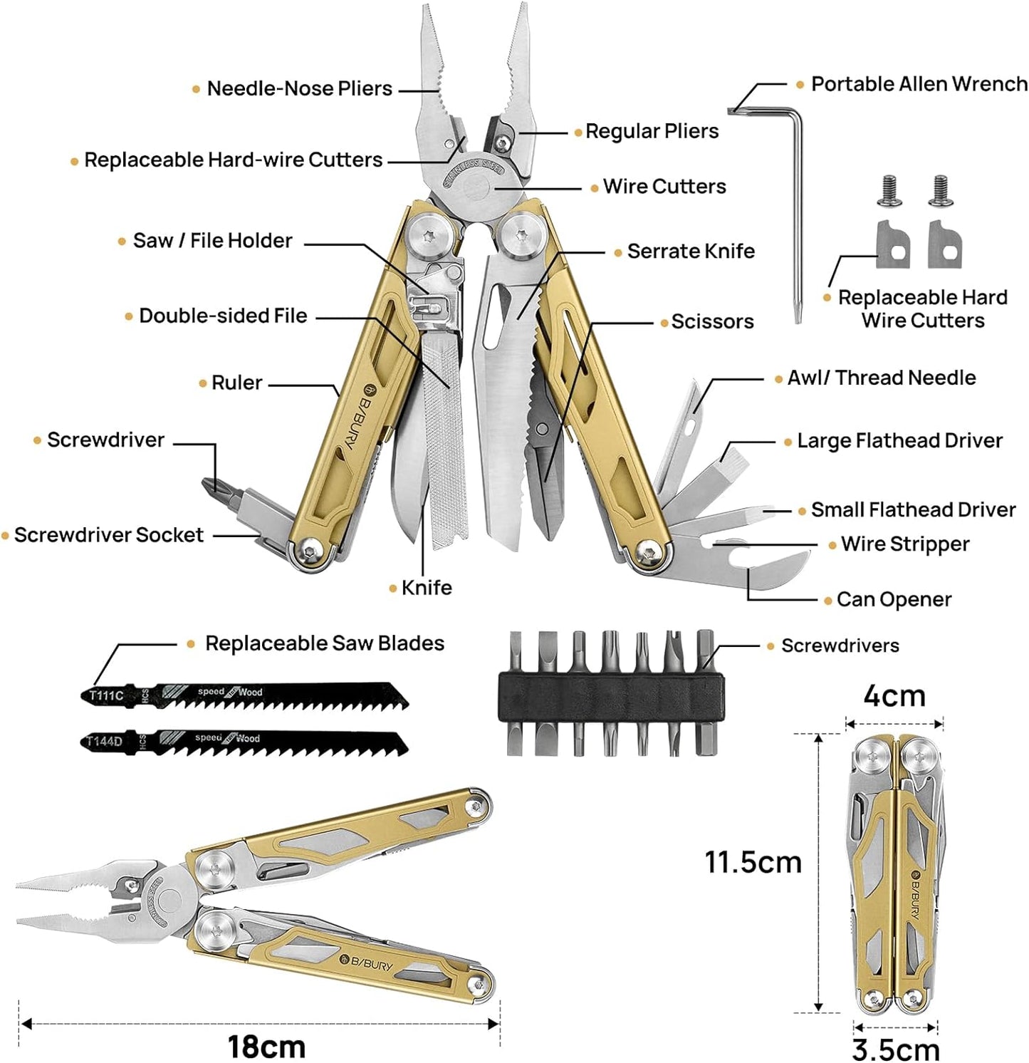 BIBURY 2045 Stainless Steel Multi Tool Golden