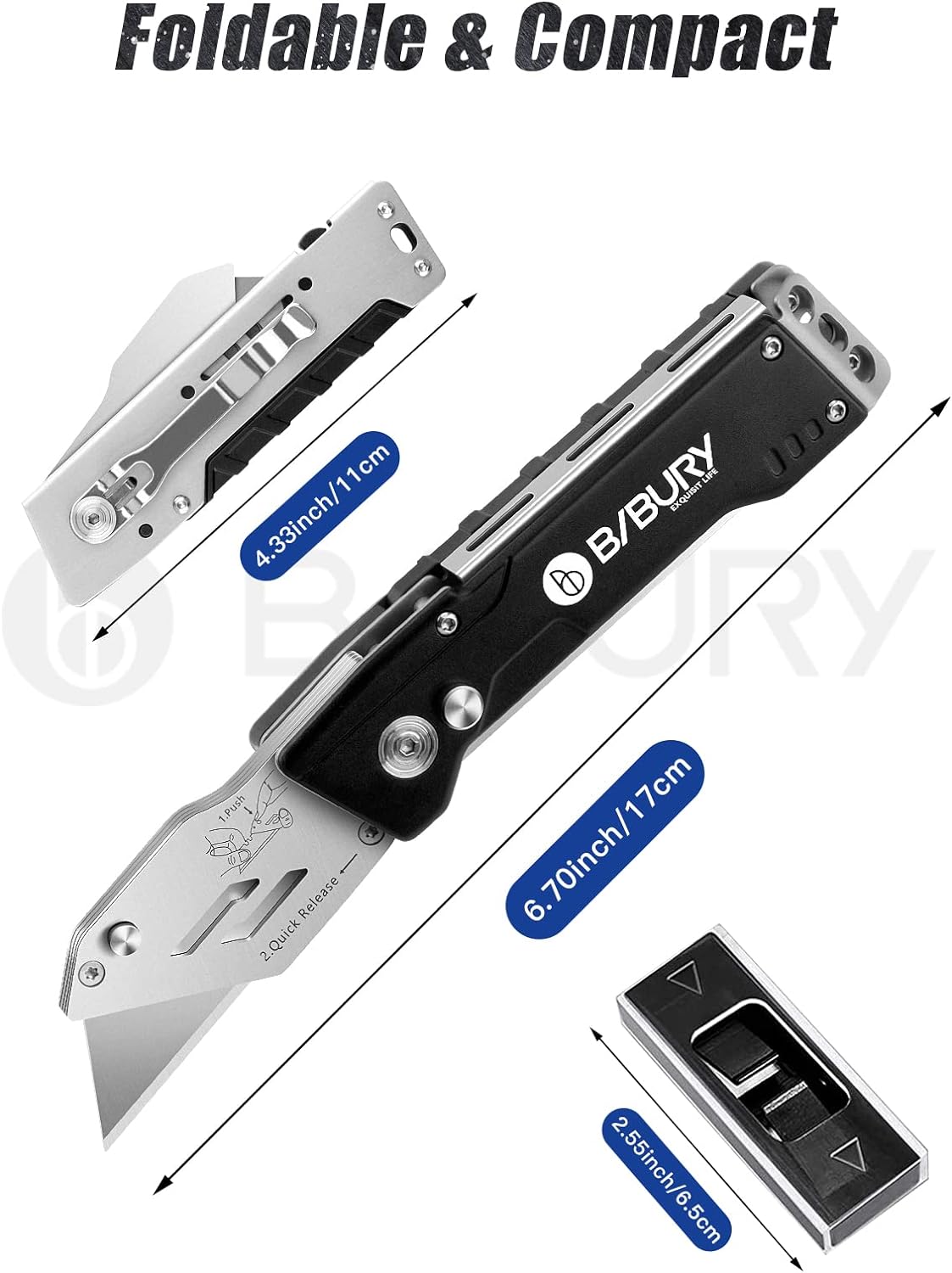 BIBURY Foldable Utility Knife with 15 Extra SK5 Stainless Steel Blades