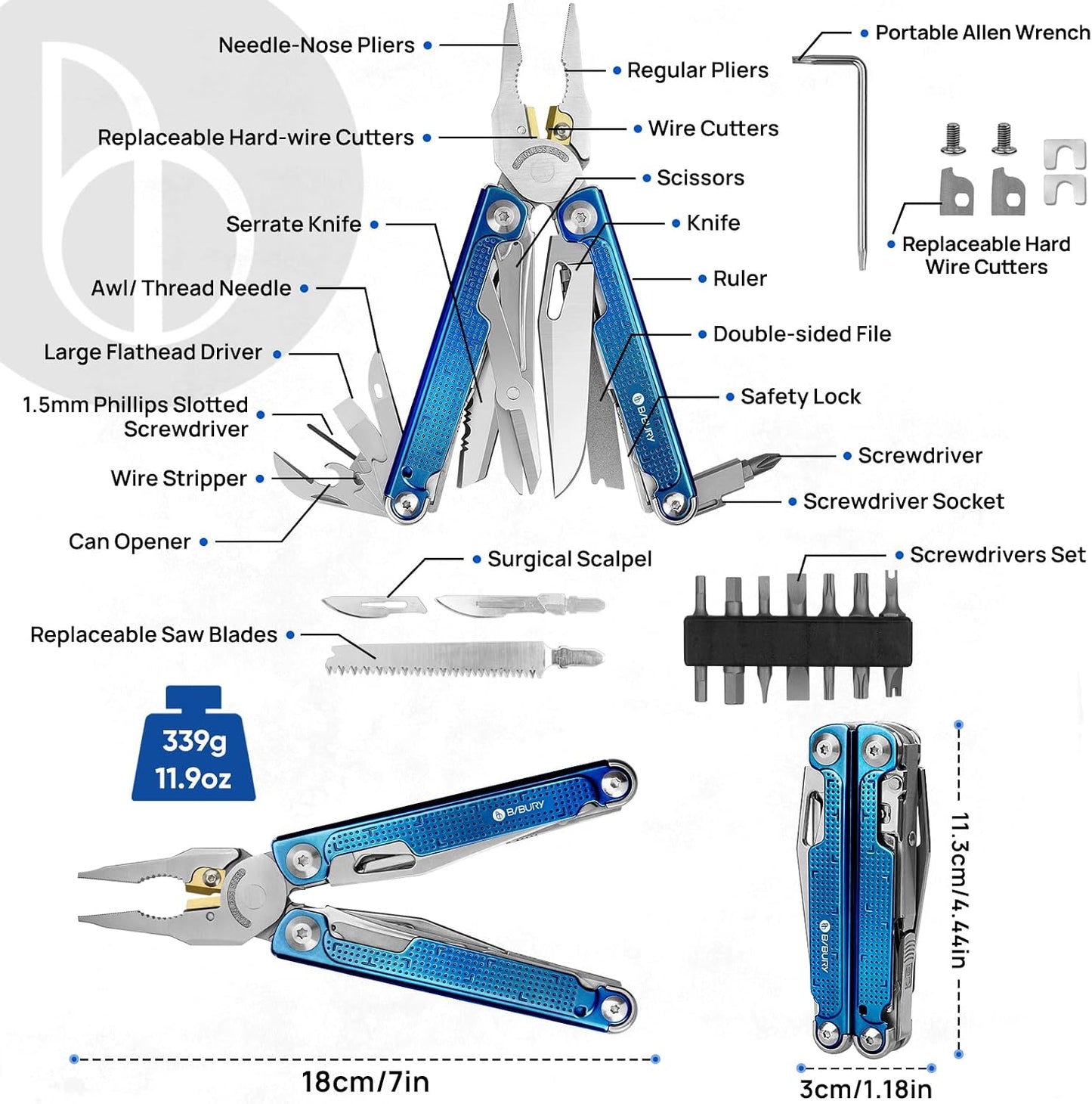 BIBURY Multitool Pliers with Blue Titanium Handle & 440A Knfie, BI2049BL