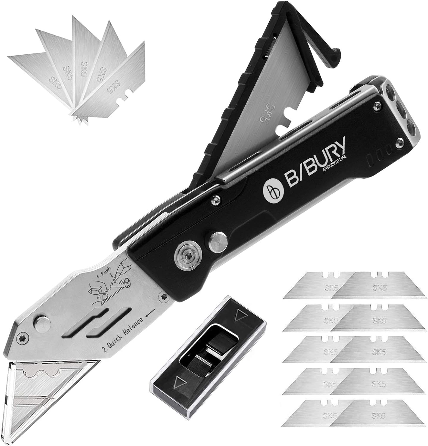 BIBURY Foldable Utility Knife with 15 Extra SK5 Stainless Steel Blades