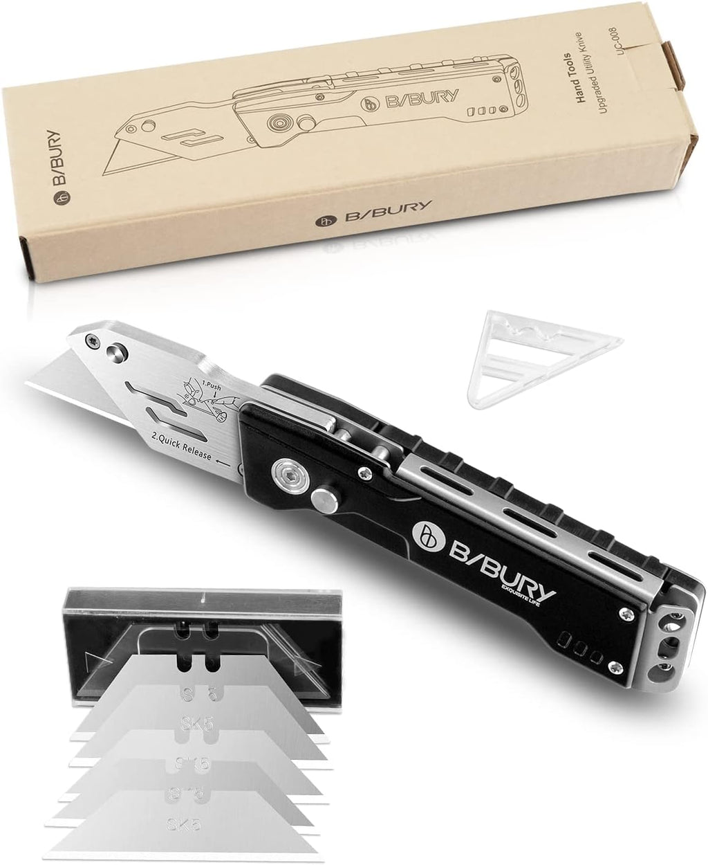BIBURY Foldable Utility Knife with 15 Extra SK5 Stainless Steel Blades
