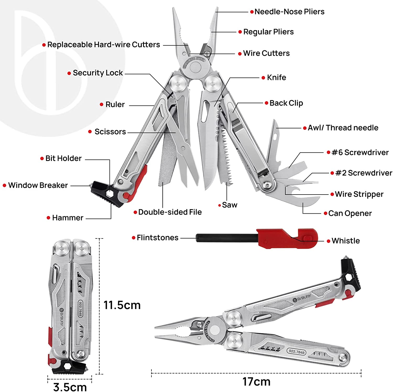 BIBURY 2038B (22-in-1) Stainless Steel Multi Tool with Flint