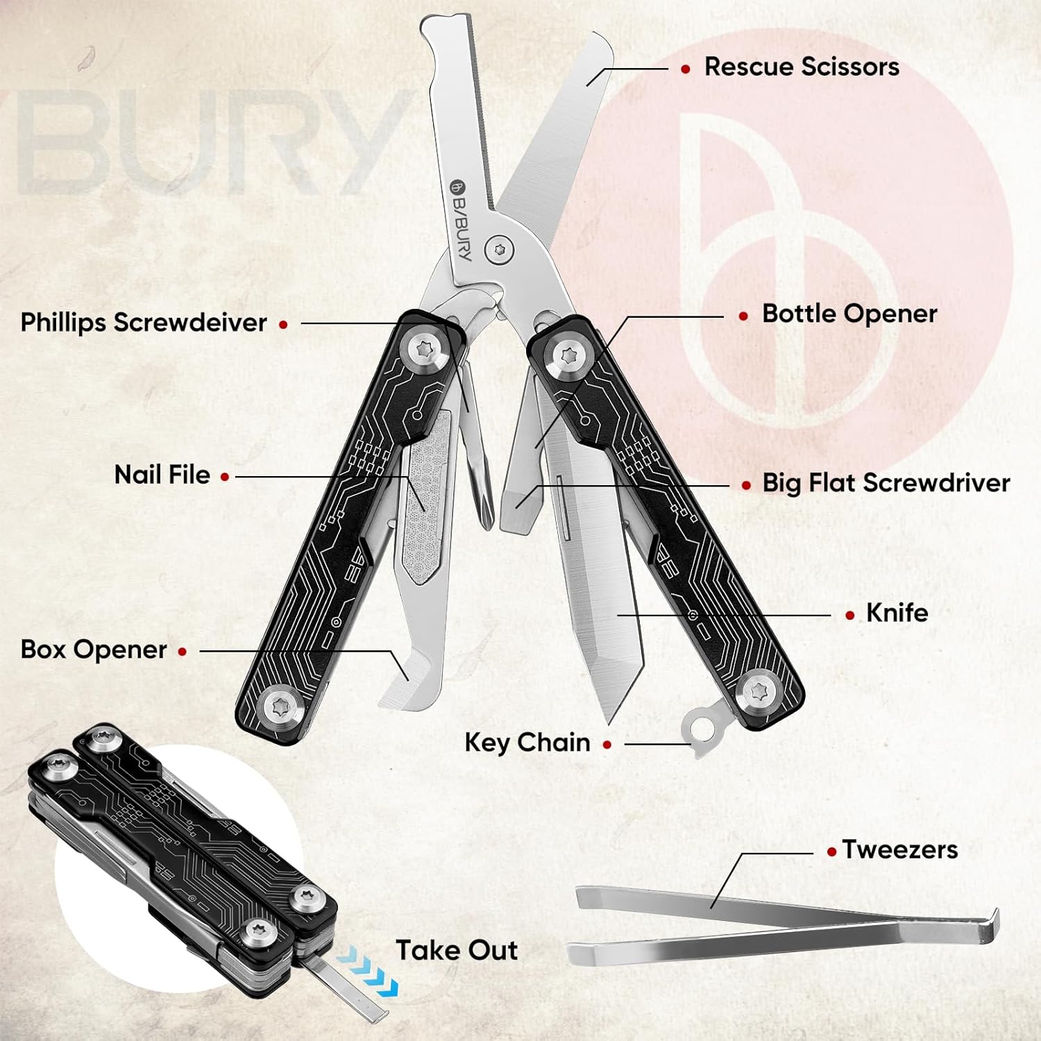 BIBURY BI2062B Mini Keychain Multitool Scissors