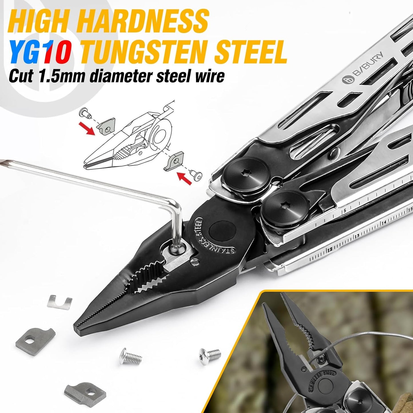 BIBURY Multitool Pliers, Stainless Steel 31-in-1 Multi Tool Pliers with Replaceable Wire Cutters and Saw, Foldable Multitools with Scissors and Screwdriver, Ideal for Camping, Survival, Gift for Him