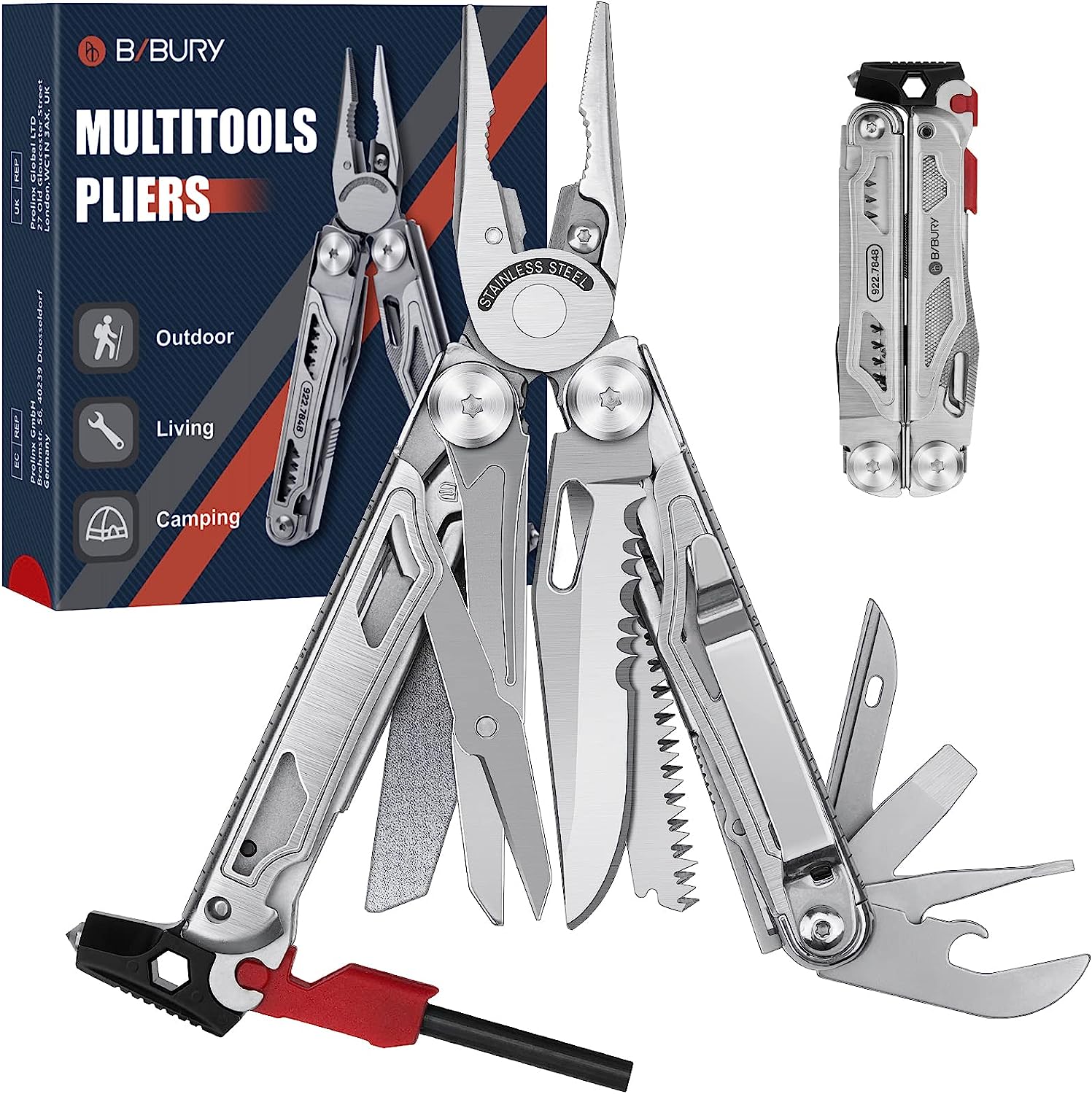 BIBURY 2038B (22-in-1) Stainless Steel Multi Tool with Flint