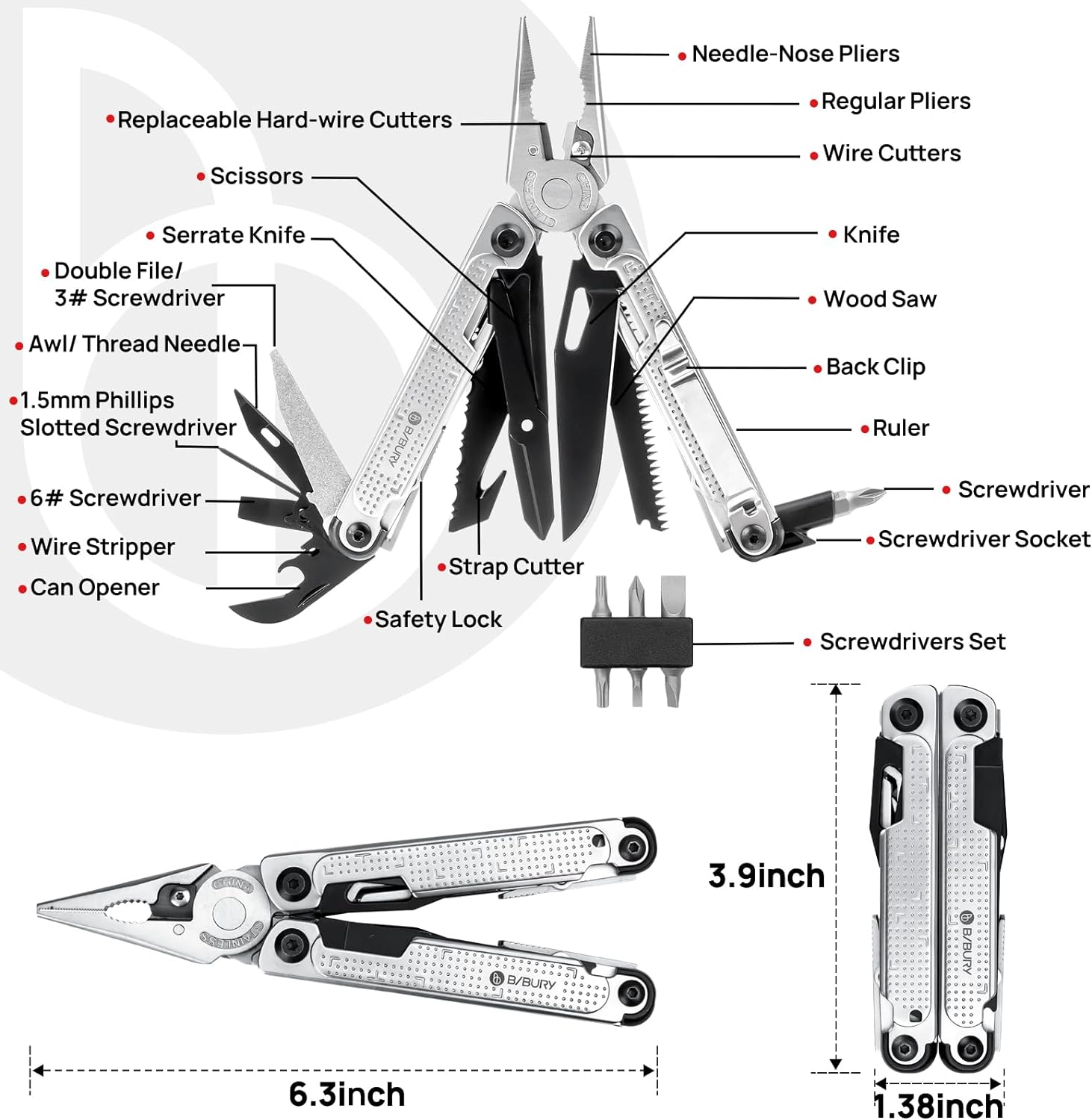 BI2048B,BIBURY Multitool Pliers Stainless Steel Multi Tool