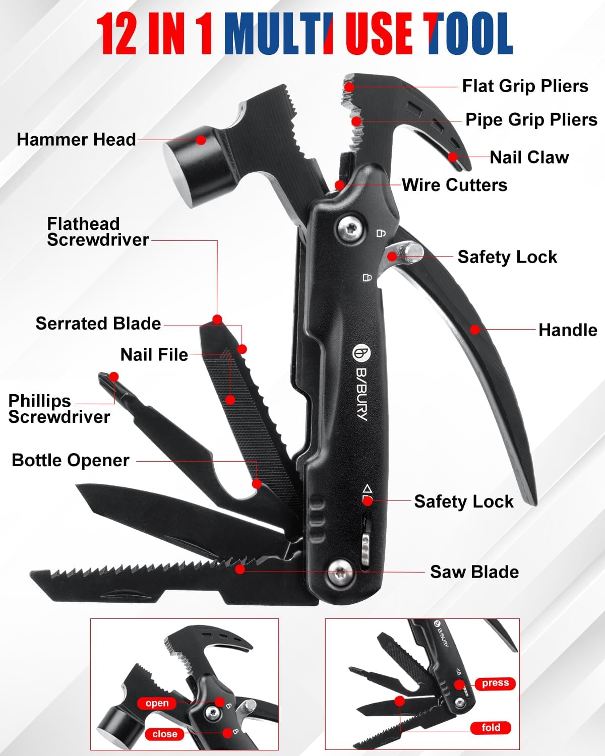 BIBURY 12 in 1 Hammer Multitool Camping Tool