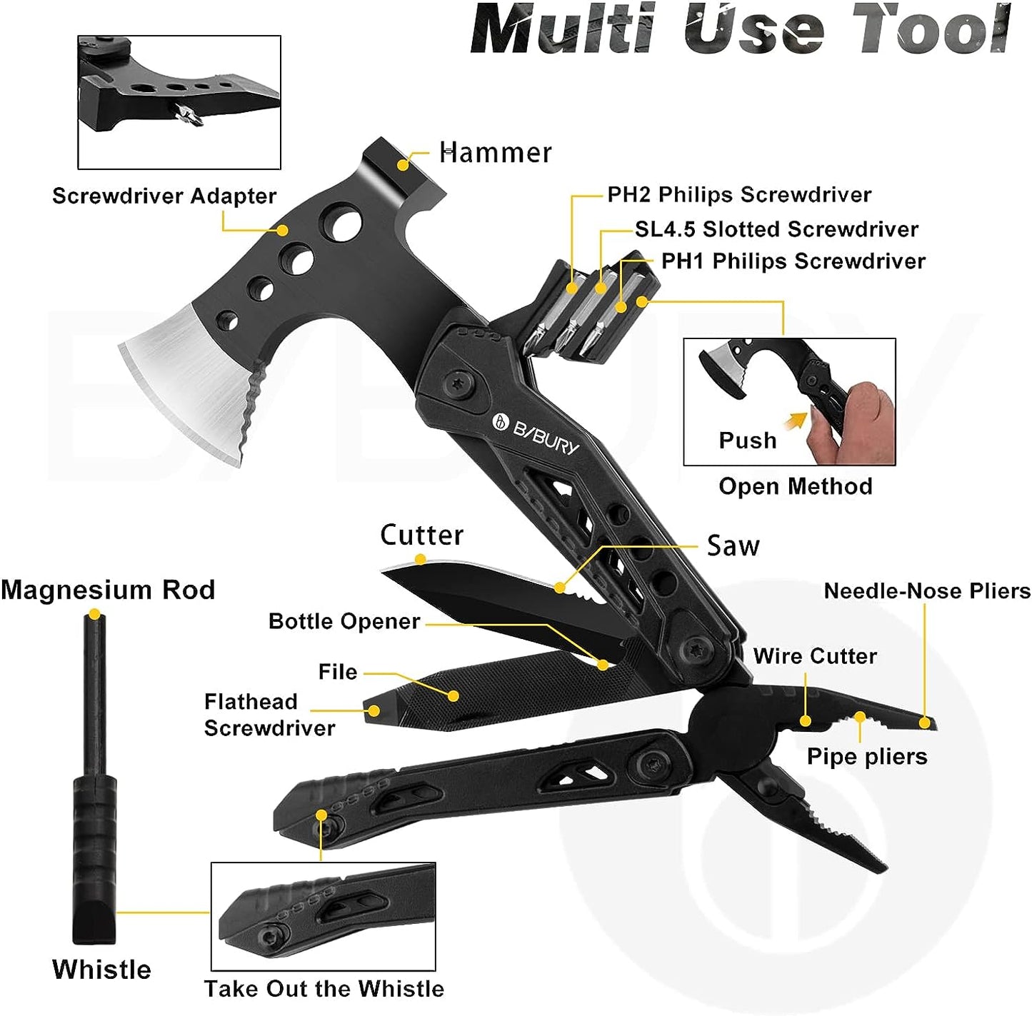 BIBURY 12 in 1 Hammer Multitool Camping Tool