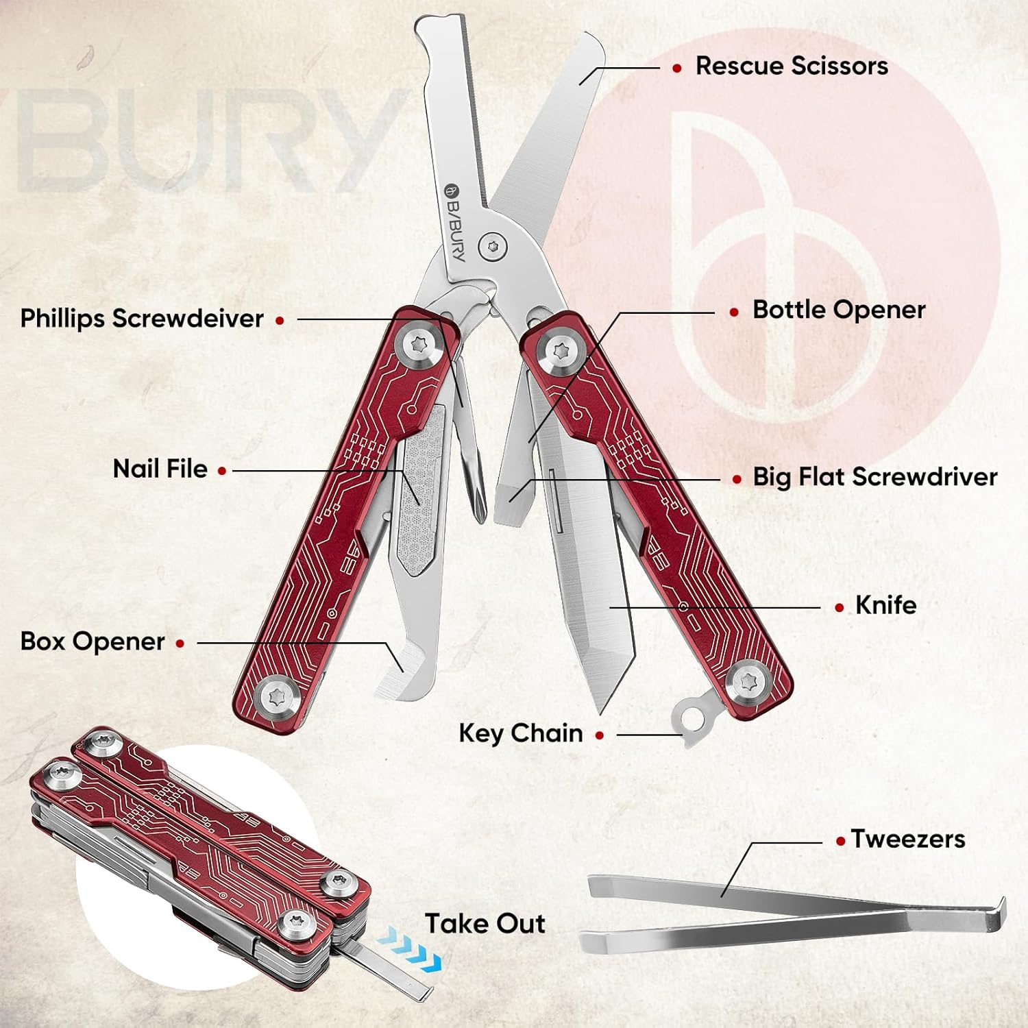 BIBURY BI2062B Mini Keychain Multitool Scissors