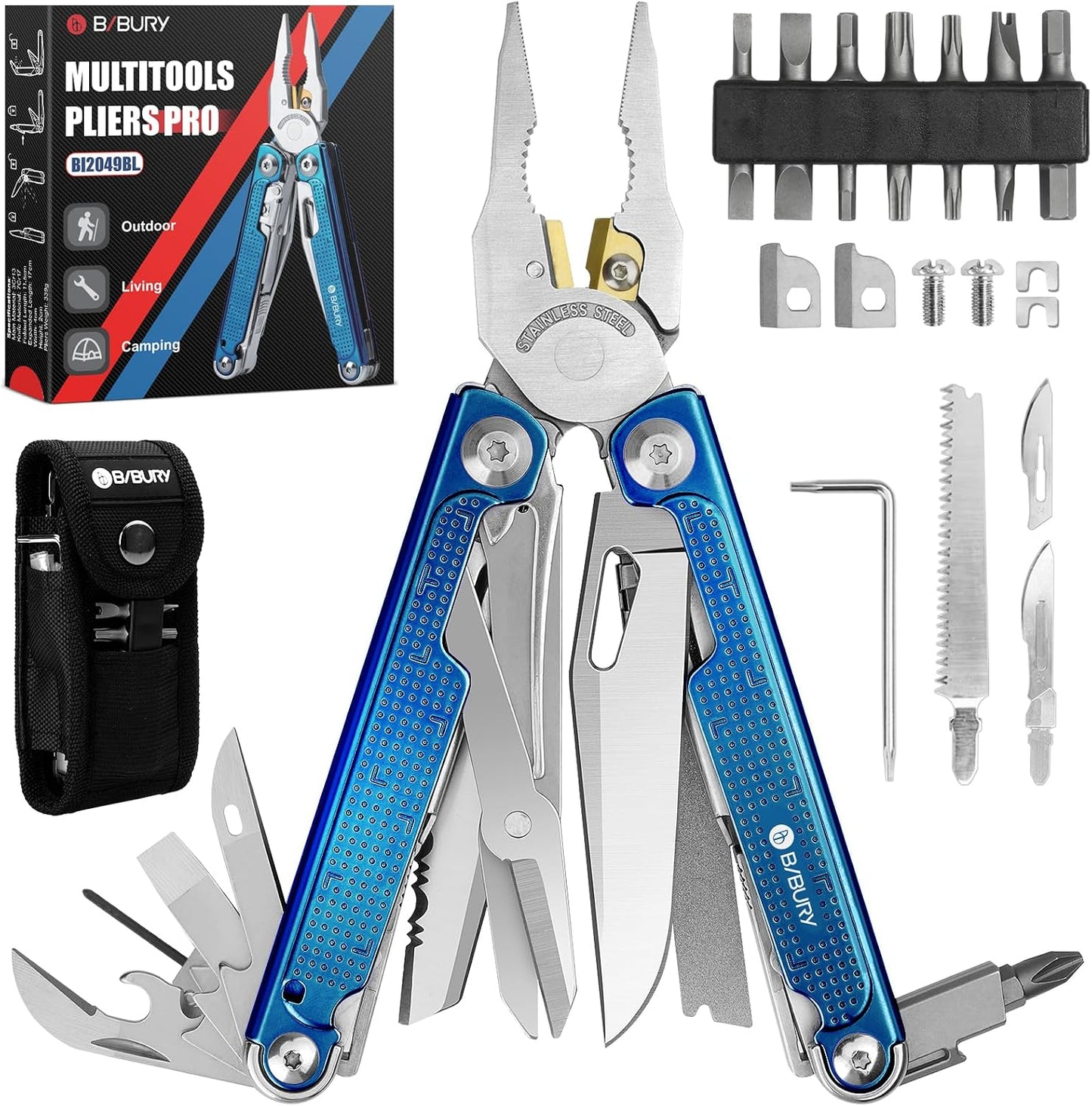 BIBURY Multitool Pliers with Blue Titanium Handle & 440A Knfie, BI2049BL