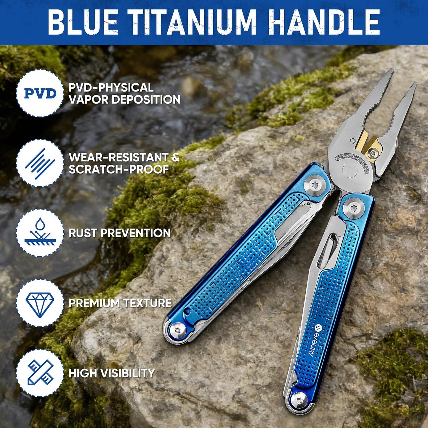 BIBURY Multitool Pliers with Blue Titanium Handle & 440A Knfie, BI2049BL